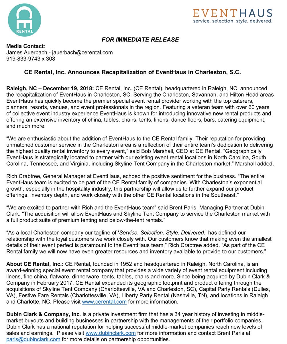 CE_Rental's tweet image. Some pretty exciting news today to share as the CE Rental family of locations continues to grow. We could not be more excited to be working with the entire EventHaus team in Charleston! Please see the attached press release info. #LetsTalkAboutYourEvent #CERental #EventHaus
