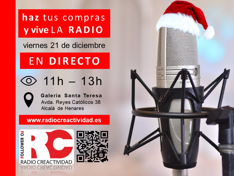 Followerofline's tweet photo. RECUERDA, mañana puedes vivir la Radio EN DIRECTO en unos de los establecimientos más emblemáticos de Alcalá de Henares: Galería Santa Teresa.

De 11:00-13:00h, acércate a vivir la Radio EN DIRECTO.

Mas info en el cartel adjunto. https://t.co/enjL9rpSxi