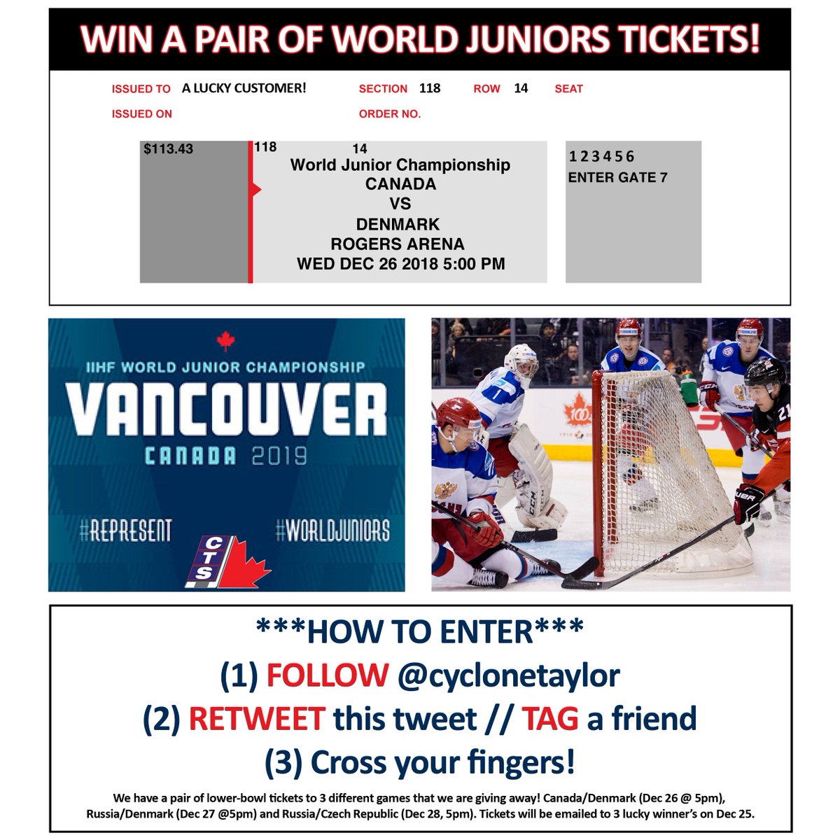 🚨 #Contest Announcement 🚨 ---> we are giving away 3 pairs of tickets to #WorldJuniors games being held in #Vancouver starting Dec 26 🤑!

To enter, simply 1⃣ FOLLOW <a href="/cyclonetaylor/">Cyclone Taylor Source for Sports</a>, 2⃣ RETWEET this tweet &amp; 3⃣ TAG a friend - that's it 😎!

Details: bit.ly/wjhc-contest