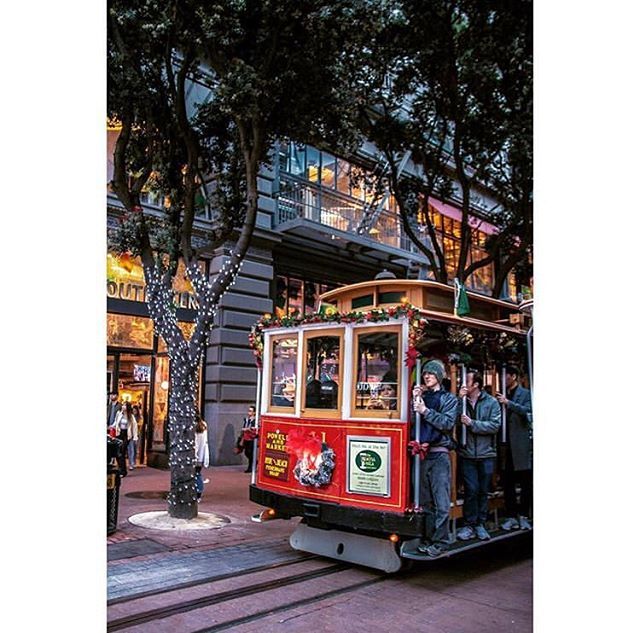 SFGate's tweet photo. From Instagram: The trolly on Powell St. is all decked out for the holidays. Thanks @subhajoshiphotography for the #regram

#trolly #sf #powellst #bayarea #holidays https://t.co/iTQ9rYOwKd https://t.co/s8ChlegoMo