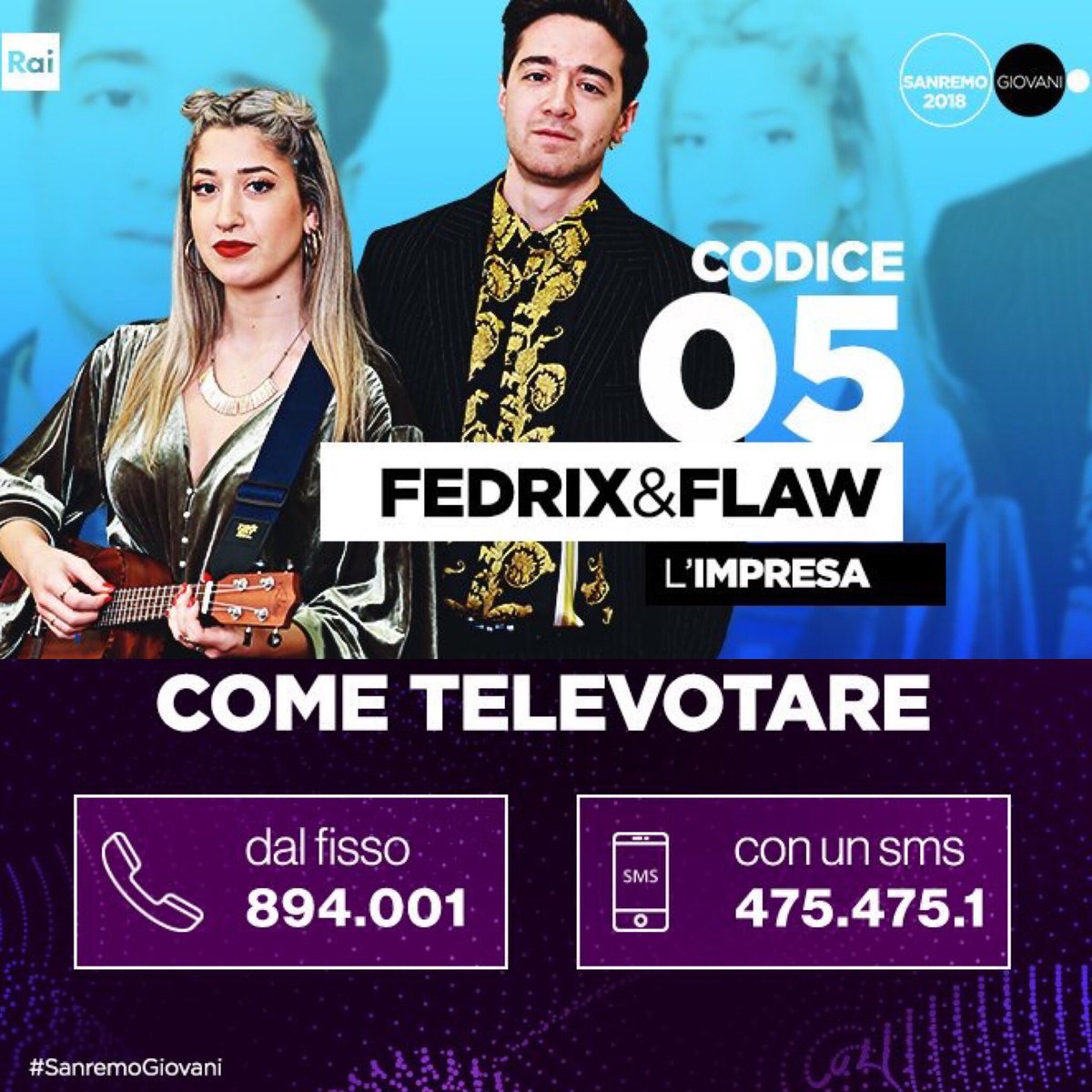WARNERMUSICIT's tweet photo. Fedrix &amp; Flaw sono in gara a #SanremoGiovani con ‘L’Impresa’. 
CODICE 05 per televotarli.

@SanremoRai #FedrixEFlaw https://t.co/zM5BZ5Na72