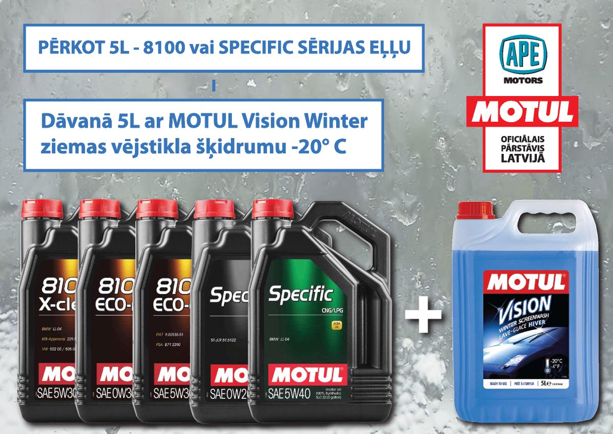 Marteksauto's tweet image. Akcija! Pērkot MOTUL 5L 8100 vai SPECIFIC sērijas eļļu, dāvanā saņemsiet 5L MOTUL Vision Winter ziemas vējstikla šķidrumu -20ºC