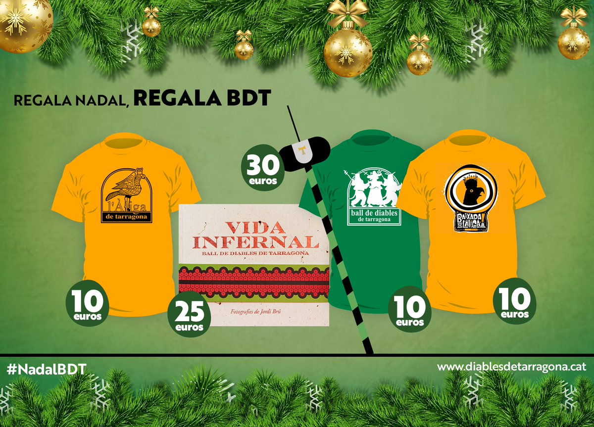 BallDiablesTgn's tweet photo. Regala Nadal, regala BDT! 
Demà de 18h a 20h ens podràs trobar al local social de l'entitat (C/Roger de Llúria, 14 baixos) on podràs adquirir alguns d'aquests productes per aquestes festes nadalenques:
No perdis l'oportunitat i fes la teva compra diabòlica! #NadalBDT https://t.co/oL5XXdDfvE