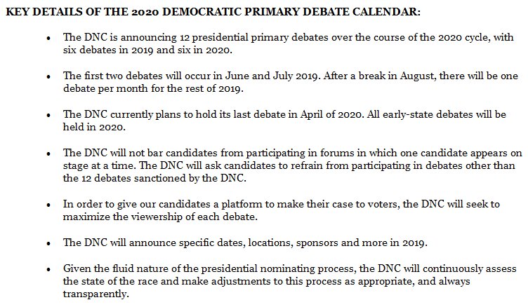 JUST IN: DNC announces it will hold 12 presidential primary debates for 2020 cycle, with 6 debates in 2019 and 6 in 2020. nbcnews.to/2Bz6KxJ