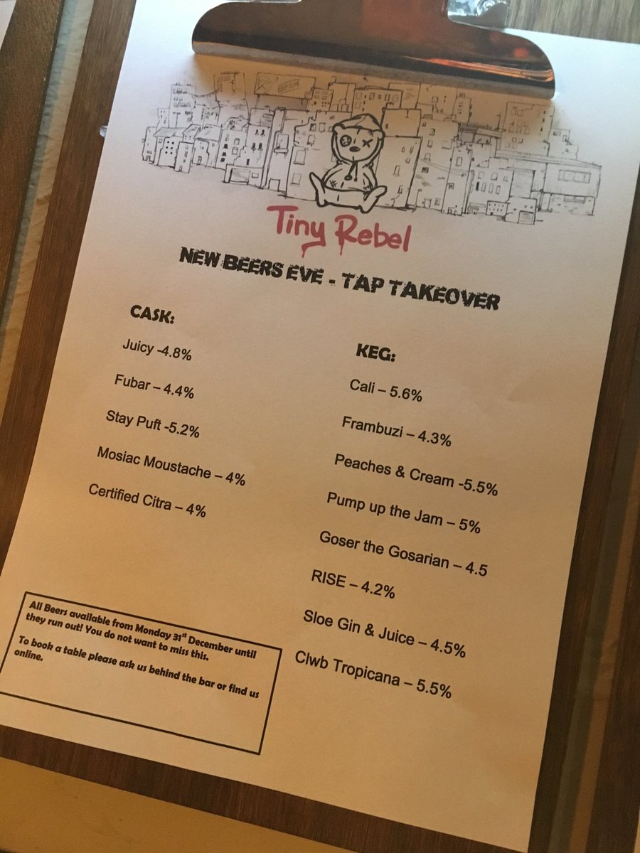 TheBridgeTap's tweet photo. Our beer line up for our NYE Tap takeover from the amazing @tinyrebelbrewco. If you love craft beer you will not want to miss this ! #craftbeer #Salisbury https://t.co/RVpfaPugfN