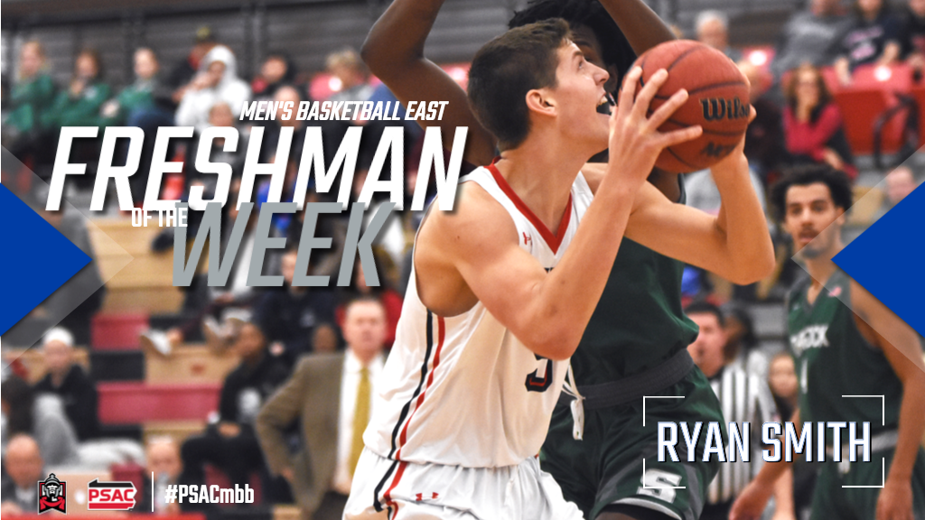 #PSACmbb East Freshman of the Week is <a href="/ESUWarriors/">ESU Warriors</a>' Ryan Smith! His second nod this season, Ryan totaled 14 points in each of ESU's conference victories this week while hitting 14-of-18 field goal attempts (77.8%). He helped the Warriors earn their first OT victory since 2012.