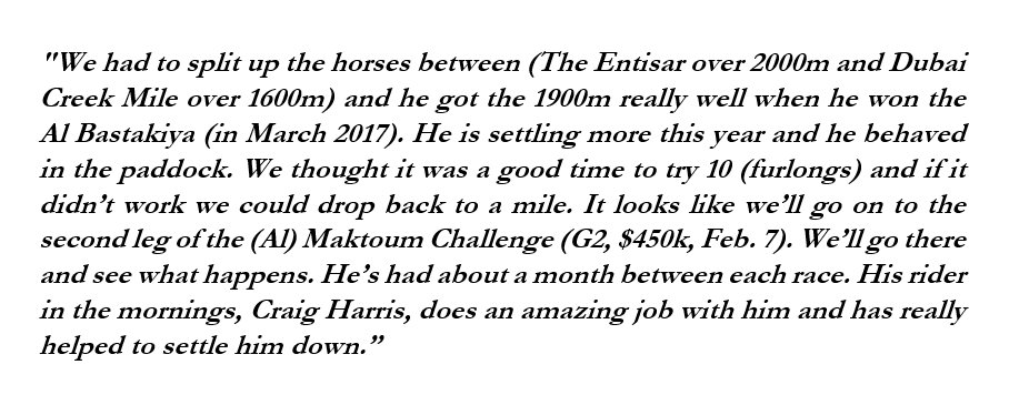 RacingDubai's tweet photo. Official #Quote from trainer #DougWatson on COSMO CHARLIE's dominant gate-to-wire performance in The Entisar (Listed): https://t.co/vEhc4UfME1