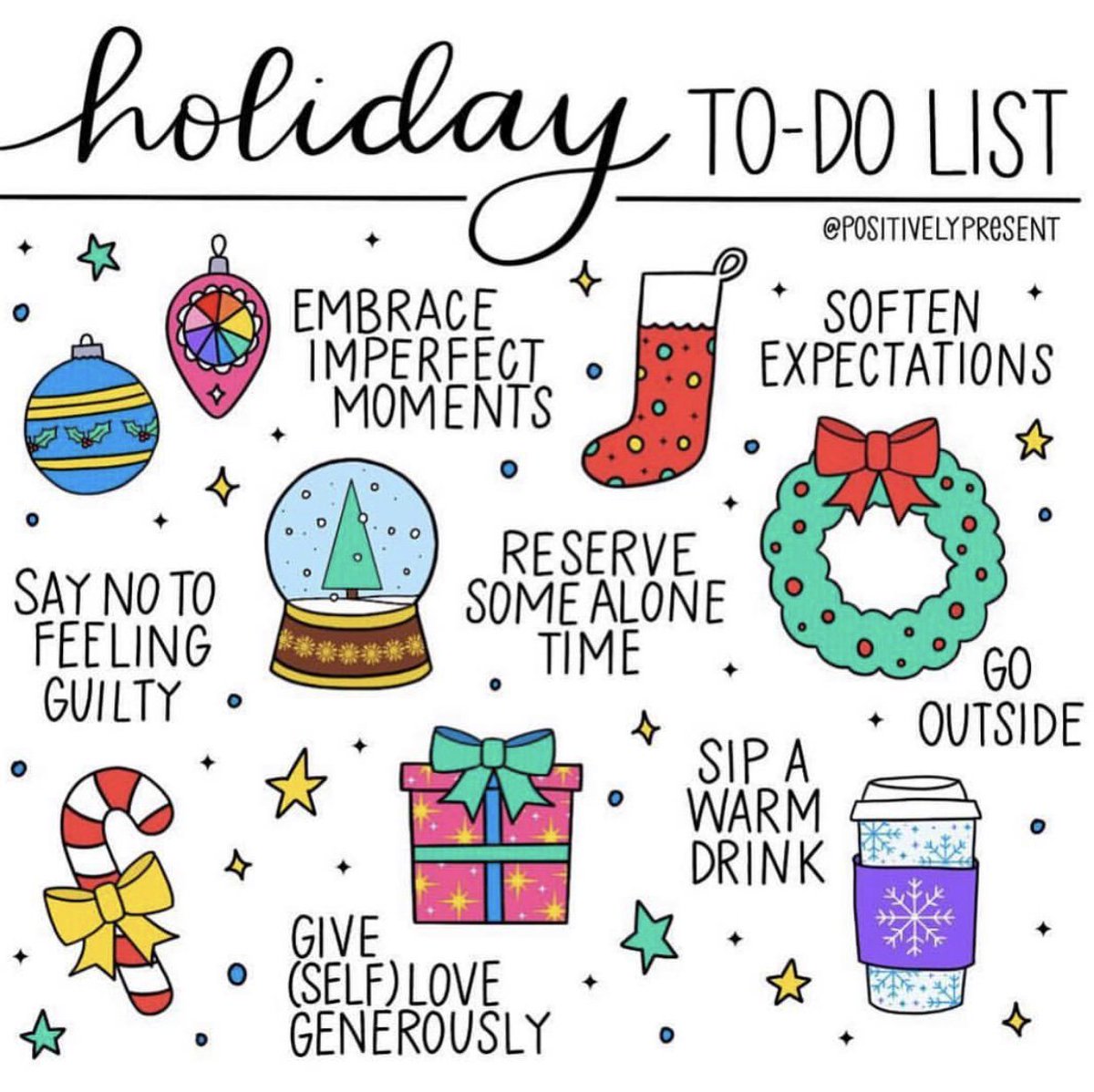 Voices_Center's tweet photo. When you feel overwhelmed during the holidays, remember to take some time for yourself! [Illustration by Positively Present] https://t.co/wNhArqj0dz