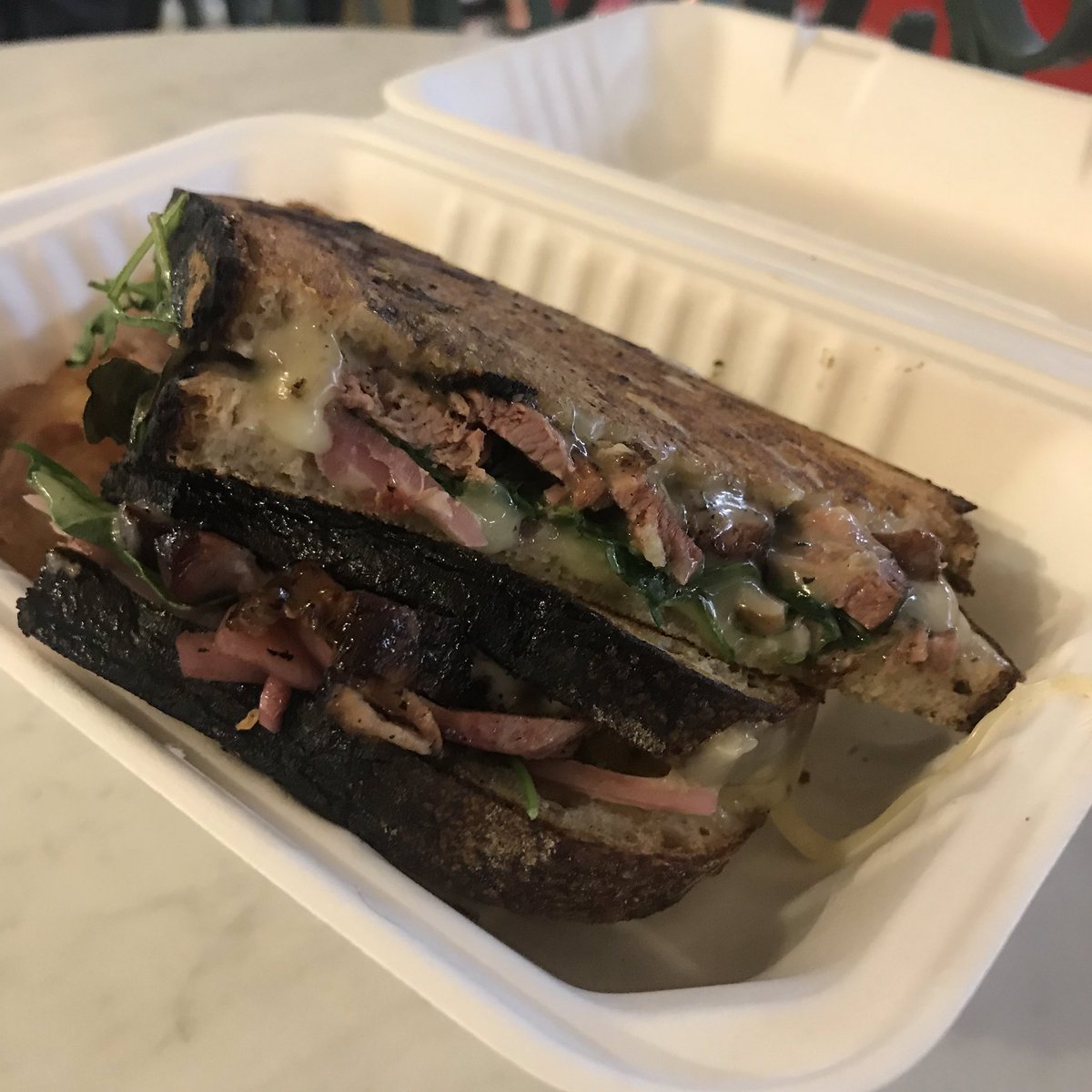 My man Mike of @gomezbbq has done it again with his Havarti Party melt! This delicious sandwich includes smoked duck breast, pickled red onion, arugula, and havarti, all on <a href="/CircleCitySweet/">Circle City Sweets</a>’a sour dough bread! It also comes with hot sauce but I decided to opt out.