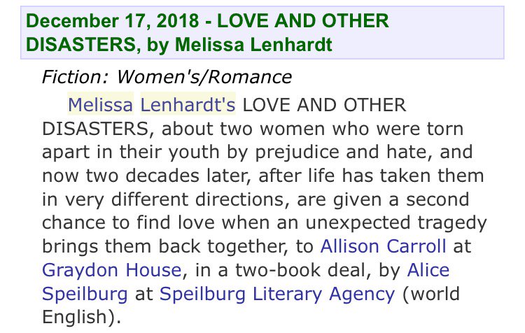 In case you switched your feed to the most recent tweet feed and missed my news - I have a new book deal with @GraydonHouse! Love and Other Disasters will be released in the spring of 2020. #womensfiction #LGBTQ #Romance