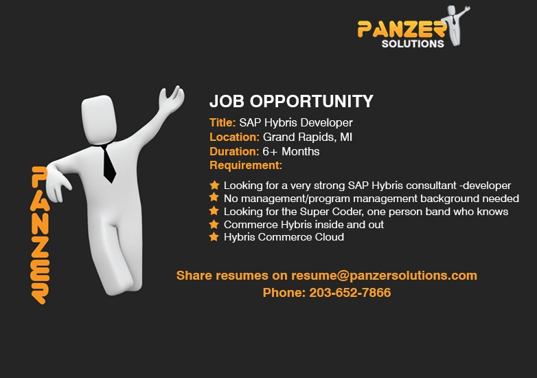 panzersolution's tweet image. Job Title: SAP Hybris Developer
Location: Grand Rapids, Minnesota
Share resumes on resume@panzersolutions.com
Or for more info click on the below link
panzersolutions.com/view_job_oppor…

#SAP #HybrisDeveloper #latestjobs #joboffers #PanzerSolutions
