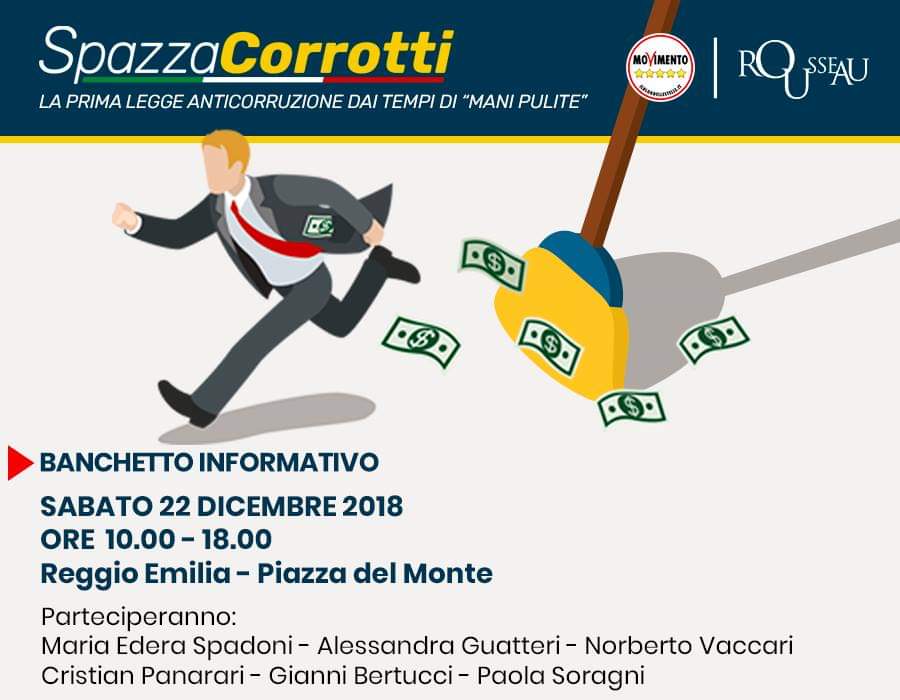 Vi aspettiamo con il nostro banchetto informativo a tema #Spazzacorrotti in Piazza del Monte in centro a Reggio Emilia dalle 10 alle 18. Con noi ci saranno, oltre agli attivisti reggiani, i nostri consiglieri comunali e la nostra vicepresidente della Camera <a href="/mariaederaM5S/">Maria Edera Spadoni</a> #M5S
