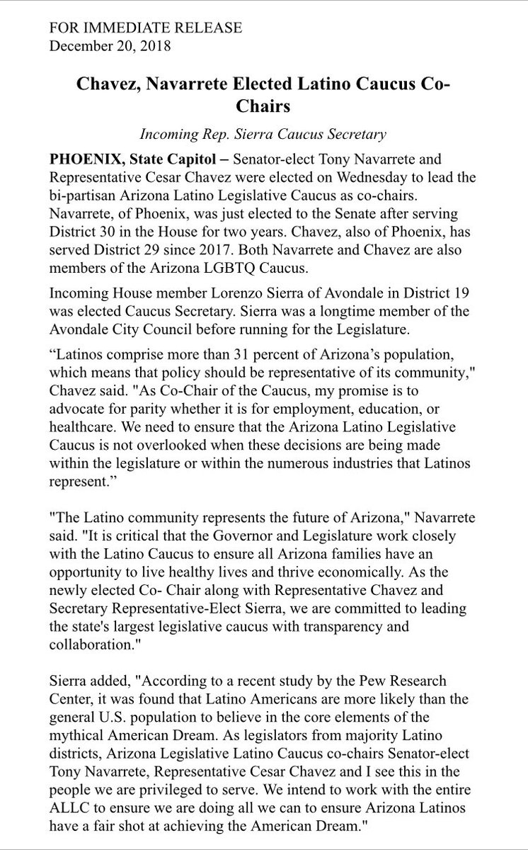 AZLatinoLC's tweet photo. “Latinos comprise more than 31 percent of Arizona’s population, which means that policy should be representative of its community.”
Announcing  new AZ Latino Legislative Caucus Co-chairs @CesarChavezAZ  @NavarreteAZ &amp; Secretary @Sierra4AZ. https://t.co/hysPtdrAlr