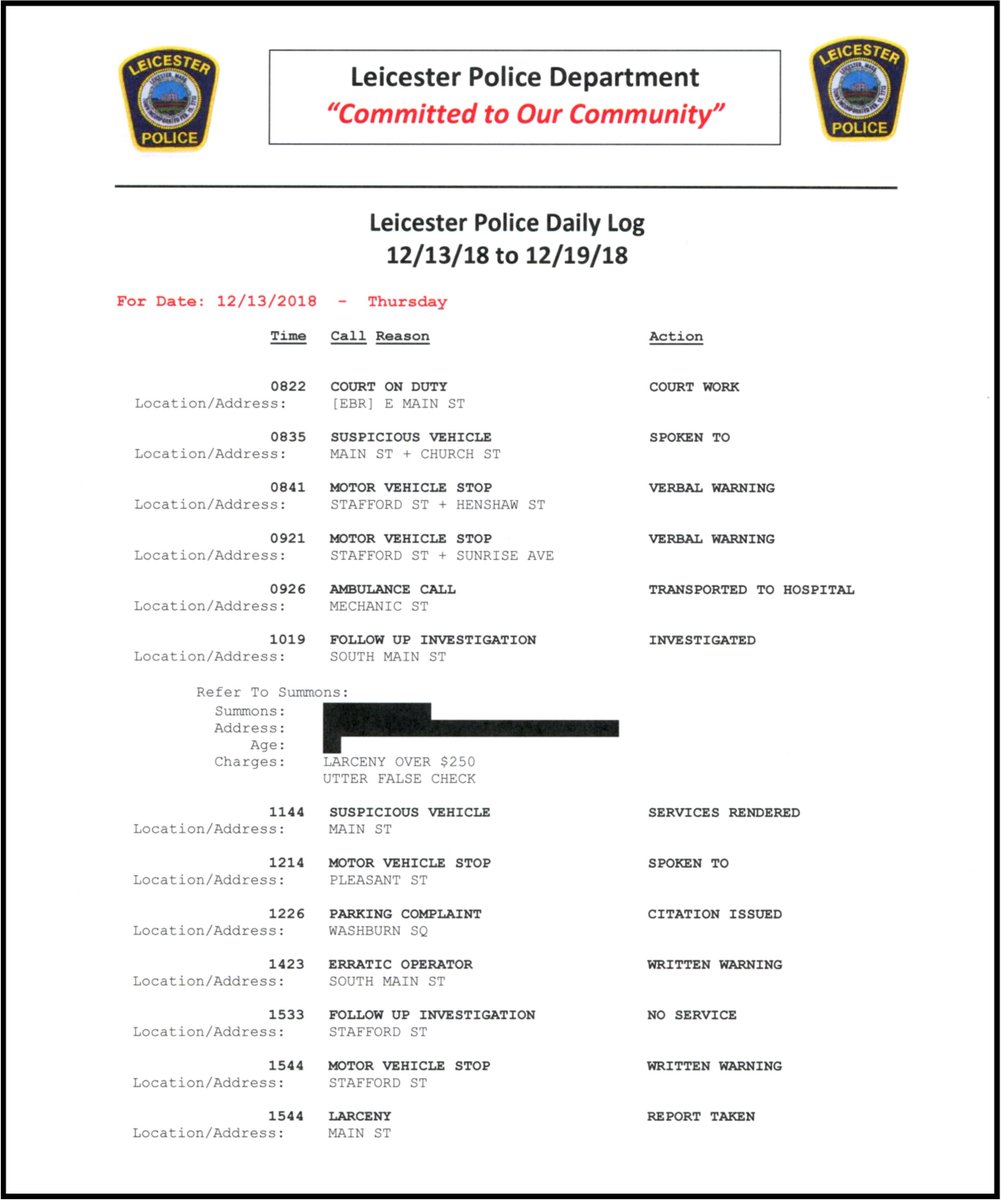 #LPDevent – Check out the LPD daily log from 12.13.18 to 12.19.18 to see what is happening in Leicester.  You can find the LPD daily log at:
leicesterma.org/sites/leiceste… or it is available in the lobby of the police station for public inspection