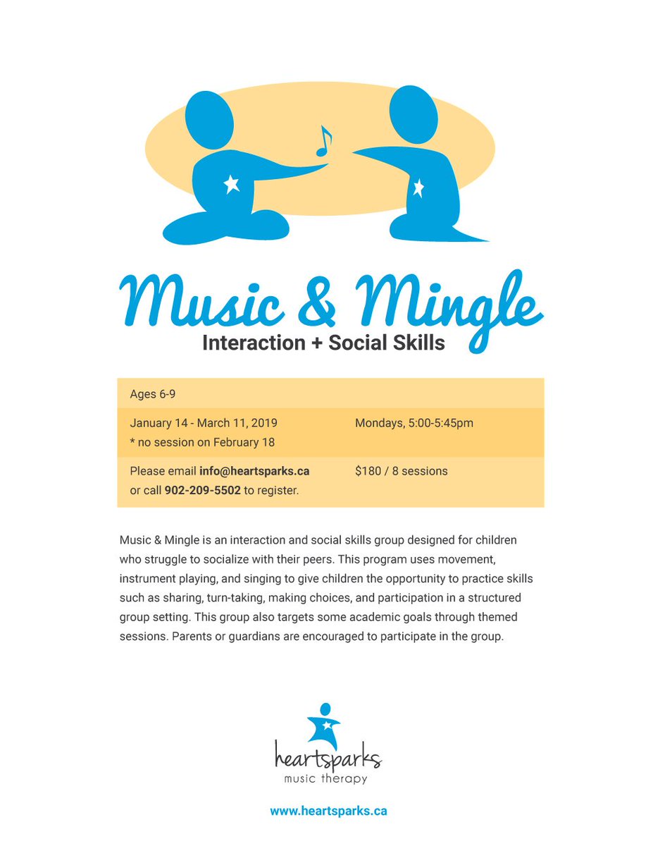 HeartsparksMT's tweet photo. Music &amp; Mingle is an interaction and social skills group for children Ages 6-9 happening at our studio in @BedfordHalifax beginning in January 2019!

https://t.co/W4CAUFS0TS https://t.co/y7B8MJeoXl