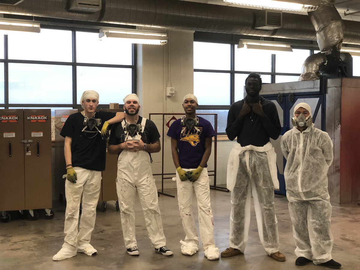 ccadvancedpaint's tweet photo. #Collaborationdaytwo Students and I painting finish coat on aquarium stands for Marine Science.@CentralCampusDM https://t.co/nWAUSCf7mo