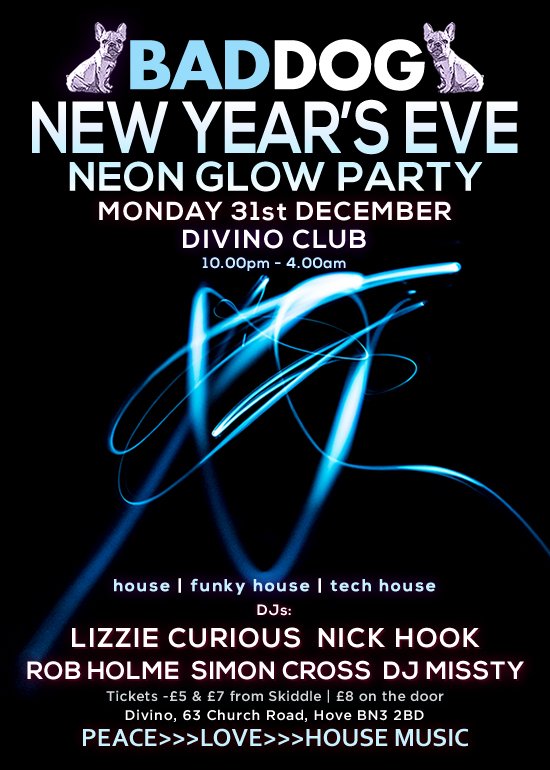 I'm looking forward to DJing at the <a href="/BadDogBrighton/">Bad Dog</a> New Year's Eve Neon Glow Party at <a href="/divinobar_club/">Divino Wine Bar Club</a> on NYE, with <a href="/LizzieCurious/">Lizzie Curious</a> <a href="/Rob_Holme/">Rob Holme</a> and more.

Tickets from <a href="/skiddle/">Skiddle</a> - skiddle.com/e/1341280
Facebook event - facebook.com/events/5120643…

#HouseMusic #Brighton #Hove