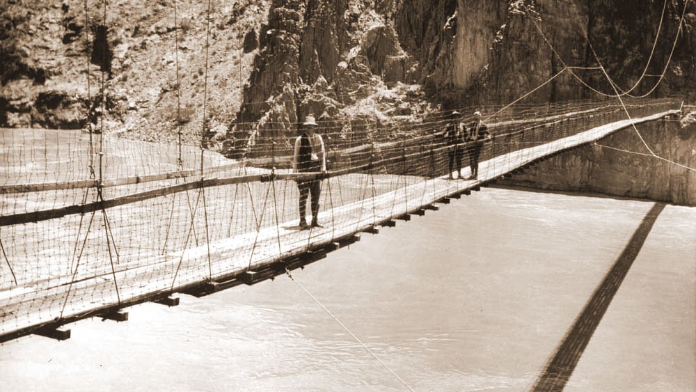 The 1st Grand Canyon bridge (1921) was 420 ft long & suspended 60 ft above river. At the time, it was the only bridge crossing the Colorado above Needles, CA, (360 miles by river to the south) The bridge would swing in the wind, and only 1 mule could cross it at a time. #TBT