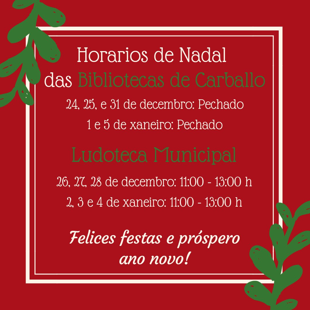 Estes son os nosos horarios para os vindeiros días. Para que non se pasen os préstamos podedes renovar chamándonos ou enviándonos un correo ou a través a vosa conta na Rede de Bibliotecas de Galicia.
Tamén mudamos o horario de apertura da Ludoteca. Felices Festas a tod@s!