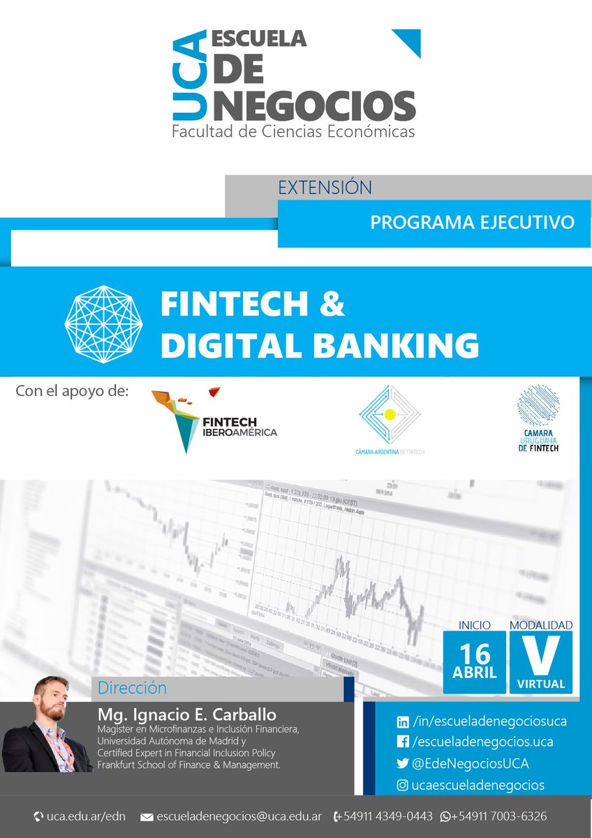 PROGRAMA #FINTECH &amp; #DIGITAL #BANKING
¡En 2019 tendré el honor de dirigir este programa único en #UCA!
-Docentes de primera linea internacional
-Online Sincrónico
-Apoyan Alianza Fintech Iberoamérica y Cámara Fintech Argentina y Uruguay

Más Info aquí: uca.edu.ar/es/fintech-y-d…