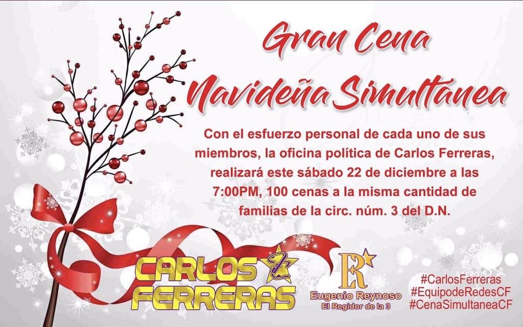 ferreras_carlos's tweet photo. #ElGranEquipoCF al cuál tengo el honor de pertenecer, junto con nuestro Regidor @ReynosoEugenio ha tomado esta bonita iniciativa, de llevar la #CenaSimultáneaCF a 100 ó más hogares de nuestra Circ. No.3DN este próximo sábado 22 de Dic. a las 7PM  #CarlosFerreras #EquiposrRedesCF https://t.co/DT1j9VcbjK