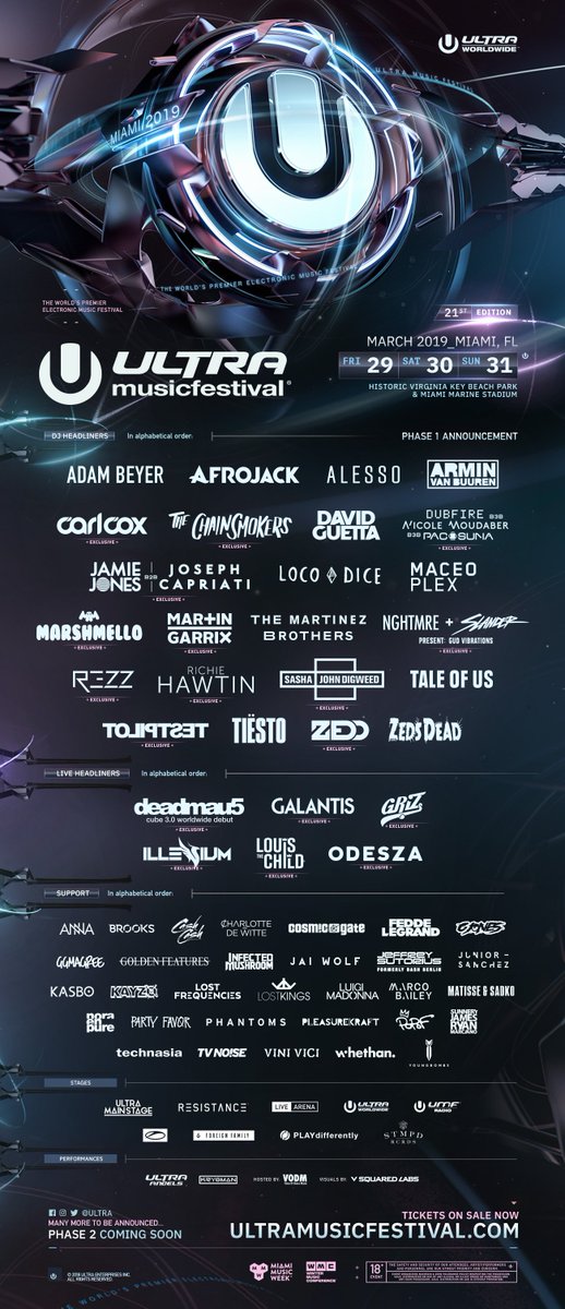 Presenting the Phase 1 Lineup for the 21st edition of Ultra Music Festival!

This year, get ready for a BRAND NEW immersive experience at #Ultra2019 featuring extended sets, later hours, expanded festival grounds and top-tiered DJs & live performances!!