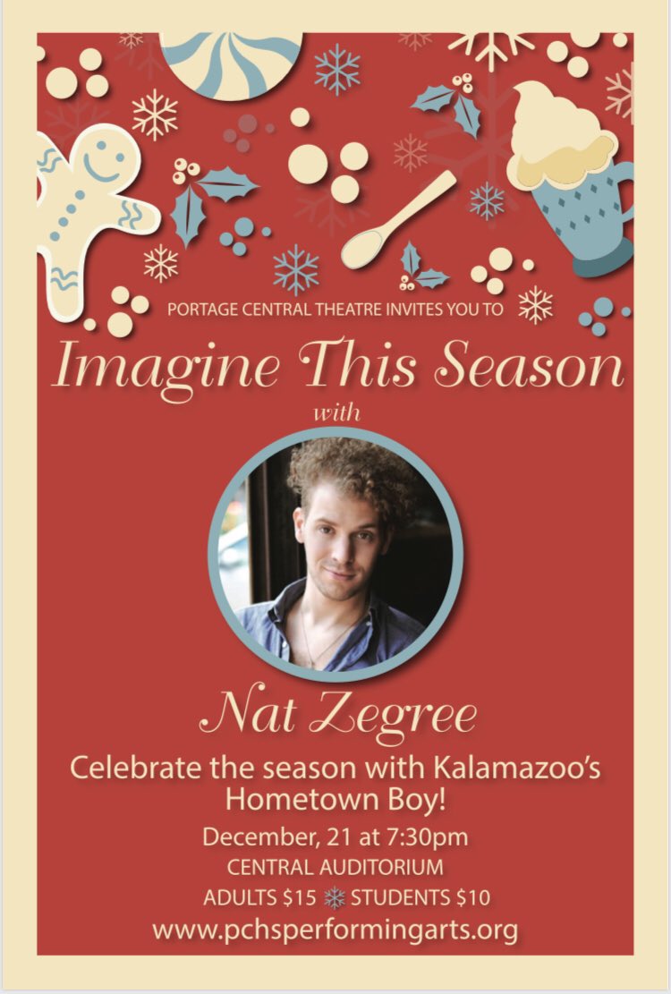 One Day More!!!! Not only is tomorrow the last day before a wonderful two week break… Portage central high school will also be hosting Broadway singer and songwriter Nat Zegree. Don’t miss out. See you there 7:30 PCHS auditorium.
