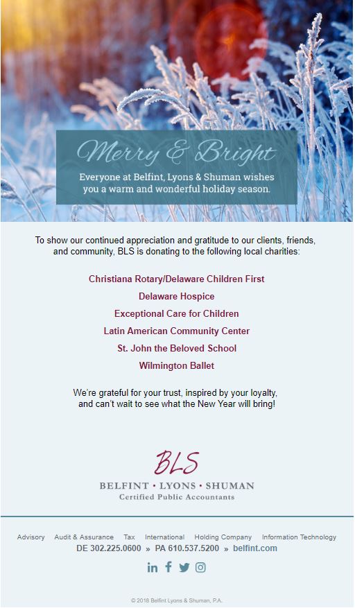Happy holidays! In the spirit of the season we’re donating to these charities to support our community: #ChristianaRotary, <a href="/DelawareHospice/">Delaware Hospice</a> <a href="/EC4Children/">Exceptional Care for Children</a>, @thelatincenter, St. John the Beloved School, &amp; <a href="/wilmballet/">WilmingtonBallet</a>. We thank you for your trust and wish you a Happy New Year!