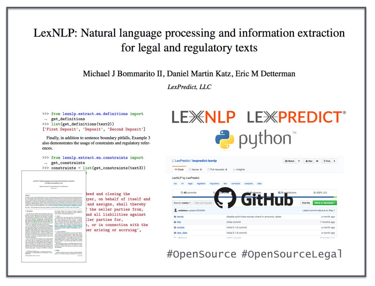 <a href="/DBRodriguez5/">Daniel B. Rodriguez</a> <a href="/bobambrogi/">Bob Ambrogi</a> <a href="/ronfriedmann/">ronfriedmann</a> <a href="/legalmosaic/">Mark A Cohen</a> <a href="/Chase_Hertel/">Chase Hertel</a> <a href="/Chasramp/">Chas</a> <a href="/NickJRishwain/">Nick Rishwain</a> <a href="/NicoleBradick/">Nicole Bradick</a> @EHGLawFirm <a href="/Colarusso/">Joe Colarusso</a> <a href="/lcolpoys/">Lisa Colpoys</a> <a href="/Clevy_Law/">Colin S. Levy</a> <a href="/margarethagan/">Margaret Hagan</a> <a href="/mchartung/">Markus Hartung</a> @evabruch <a href="/ghadfield/">Gillian Hadfield</a> <a href="/javierdecendra/">Javier de Cendra</a> @LawDeanHolloway @GTeninbaum <a href="/Andrew_Perlman/">Andrew Perlman</a> <a href="/NLawBizTech/">Northwestern Law and Technology Initiative</a> <a href="/PalaceLaw/">Patrick Palace</a> If you want to structure unstructured (legal) data or engage in other forms of data engineering for A2J - we have an #OpenSource toolkit you can use ... LEXNLP (available with a AGPL license) github.com/LexPredict/lex… cc: <a href="/mjbommar/">Michael Bommarito</a> <a href="/liamjmbrown/">Liam Brown</a>