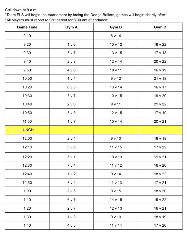 Hey dodgeball players ! Here is your schedule for tomorrow!! Who’s ready to dodge, dive, dip, duck and dodge!?