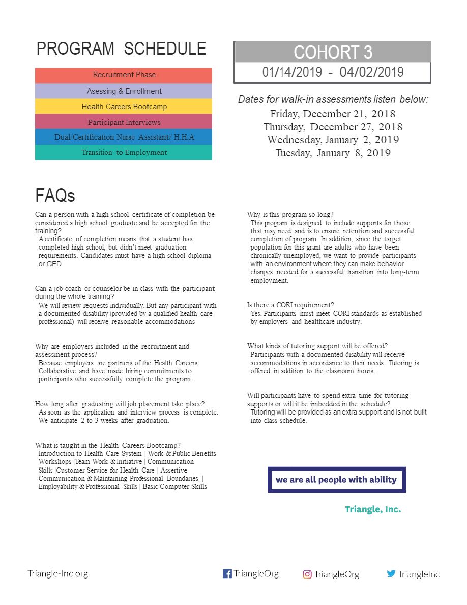 masshiremncc's tweet image. Grant Funded Health Careers Collaborative!
Dates for walk-in assessment:
Friday, December 21, 2018
Thursday, December 27, 2018
Wednesday, January 2, 2019
Tuesday, January 8, 2019

#TriangleInc.