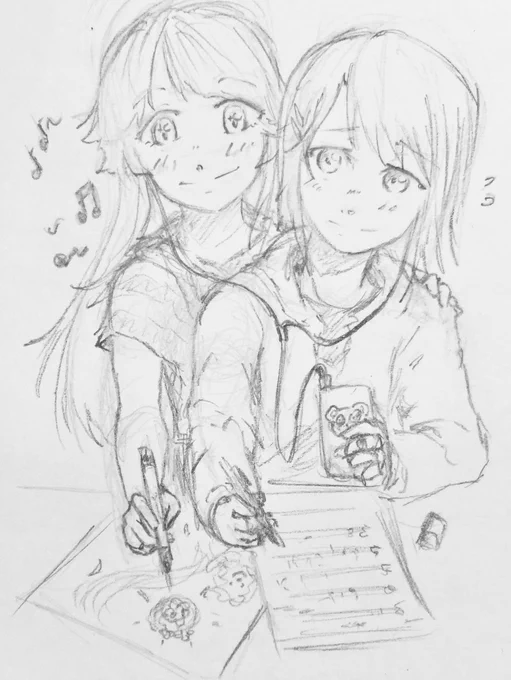 I'm was filing a short 3h work shiftSo I doodled this! (*'ω`*)#MisaKoko Composing music together #bandori 
