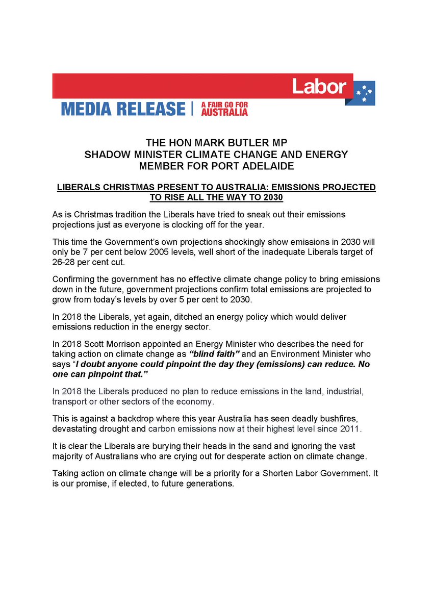 Mark_Butler_MP's tweet image. As is Christmas tradition the Liberals have tried to sneak out their emissions projections just as everyone is clocking off for the year. Emissions will keep rising all the way to 2030. Australians deserve better.