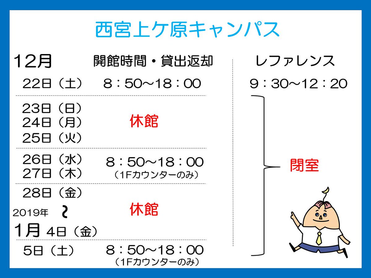 関西学院大学図書館 בטוויטר 開館日時 年末年始の休館に伴い 開館スケジュールが変更となります 上ケ原図書館 聖和図書館 三田図書 メディア館で開館日時が異なりますのでご注意ください