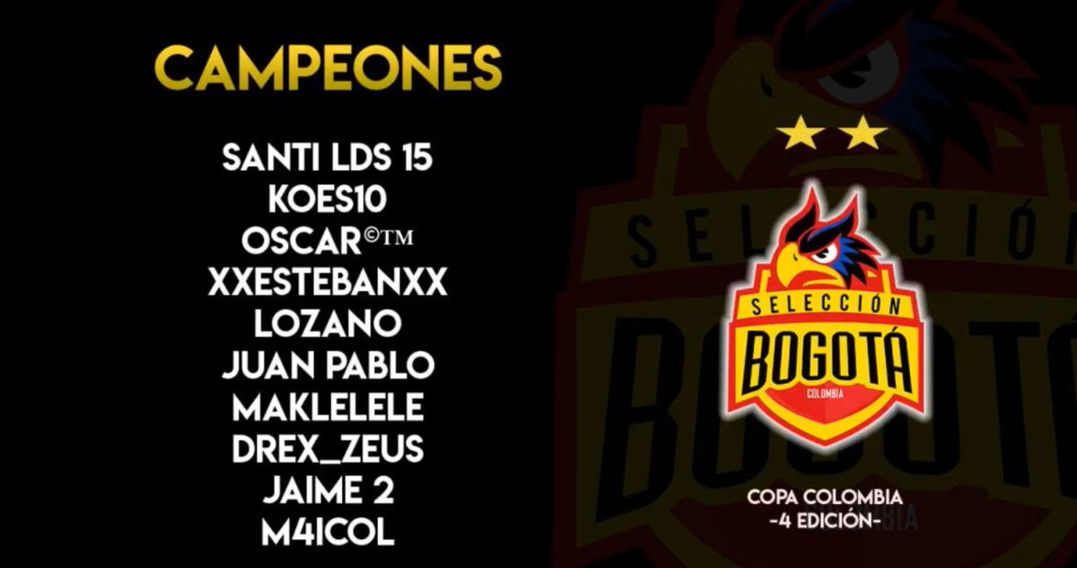 En la segunda edición fuimos segundos, en la cuarta fue la revancha y quedamos campeones de la @CopaColombiaCR. 

#GoRolos

<a href="/Koes10P/">Koes10yT</a> @esteban_7923 <a href="/Oscar_CTm/">Oscar Ctm</a> <a href="/SSlozanocr/">tof azotamentes</a> @MakleleleCR <a href="/M4ICOL9/">M4ICOL</a> @Santi01_ACE <a href="/pablo_quitora/">Juan Pablo Quitora Cadena</a> @Camilocortescr

Gracias por este equipo!

CAMPEONES!!!!!