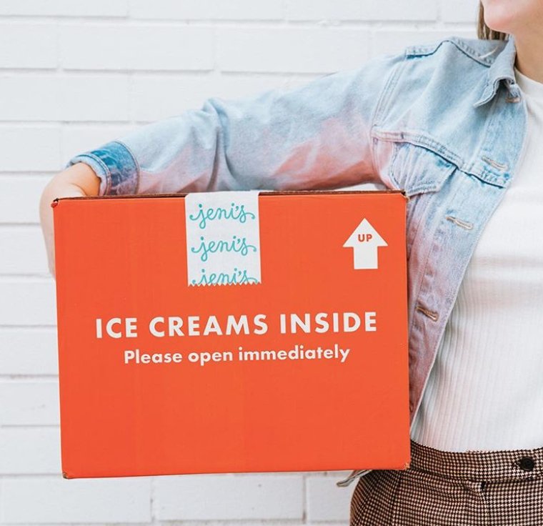Our bright orange box is WAY better than wrapping paper. Get it for free with dry ice when you buy 6 pints or more in shops.