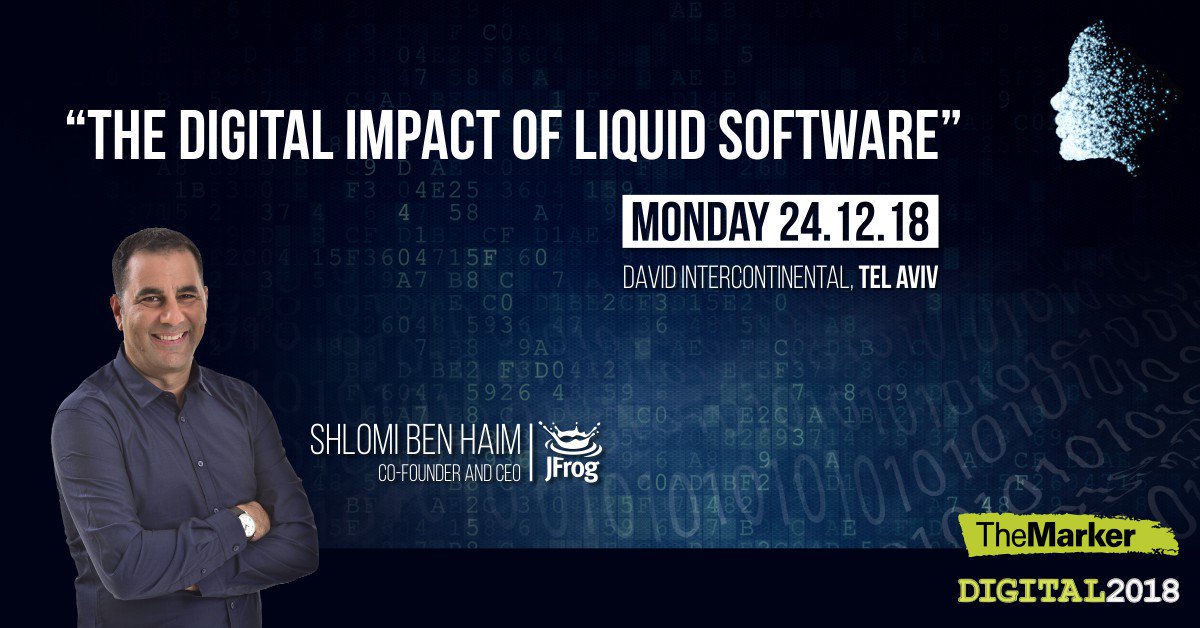 jfrog's tweet photo. Software updates will not be an event - they'll be continuous and invisible! Come hear @ShlomiBenHaim, #JFrog CEO, talks about the future of software at @TheMarker #Digital2018! #liquidsoftware
https://t.co/OAybHgavhk https://t.co/6yWU6Gs3Ob