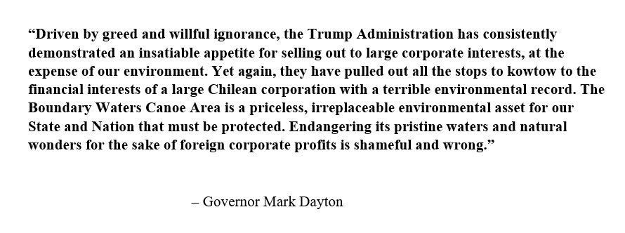 Today, the Trump Administration began the process of renewing federal mineral leases for the Twin Metals project near the Boundary Waters Canoe Area Wilderness (BWCAW). In response, Governor Dayton issued the following statement. Read More: mn.gov/governor/newsr…