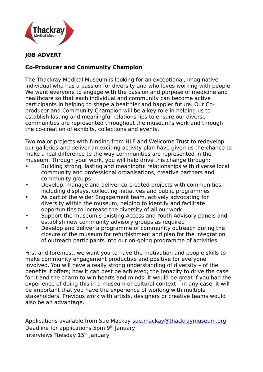 We're hiring! Fantastic new role here as Co-Producer and Community Champion 31 months @ £22k pa full time. Please contact sue.mackay@thackraymuseum.org for application pack. Deadline Wed 9 Jan so get yr skates on!