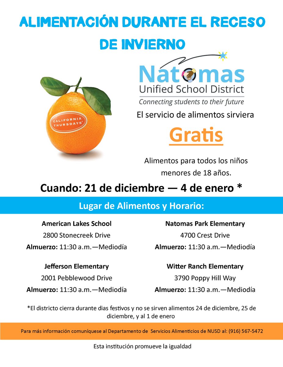 BIG NEWS about this year's NUSD Winter Recess Feeding program, which starts tomorrow (Dec. 21) at Jefferson, American Lakes, Natomas Park &amp; Witter Ranch schools. For the first time, a daily hot entree will be served for lunch. Anyone 18 or younger can eat free. Details in flyer.