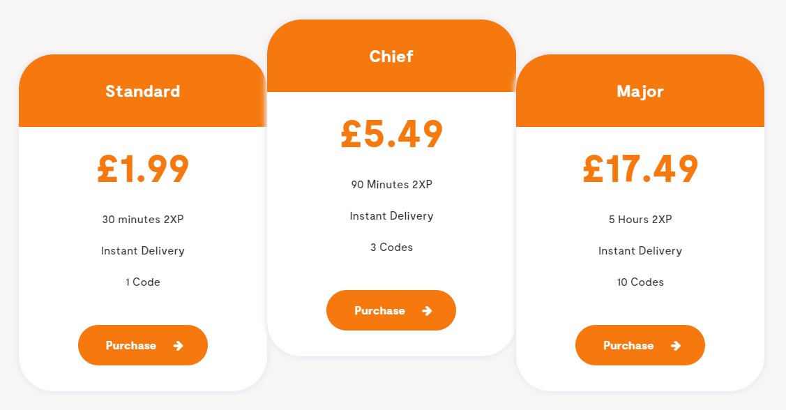 🔥 HUGE PRICE DROP 🔥

We're closing on the 31st January and until then are running a *MASSIVE* sale. All prices have been drastically lowered.

Standard - 30 Minutes 2XP: £1.99
Chief - 90 Minutes 2XP: £5.49
Major - 5 Hours 2XP: £17.59

The last chance to ever buy 2XP! 🎮