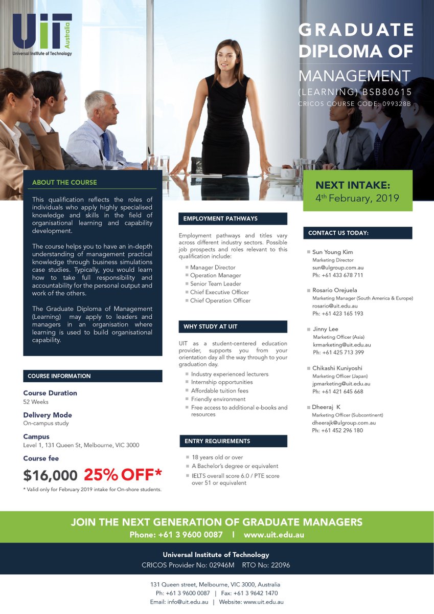 studyuit's tweet image. Join the next generation of graduate managers. 
Next Intake : 4th February 2019
Enquire Today 📞 +61 425 713 399

#graduate #management #vocationaltraining