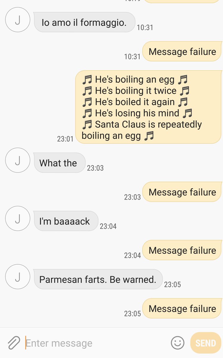 cptnmingo's tweet photo. My friend doesn't use Twitter so he won't see this. I've been trolling him and he is now convinced his phone is broken.
Update: He's back from Italy but I'm still doing it.
#MessageFailure https://t.co/6fbNSAoPET