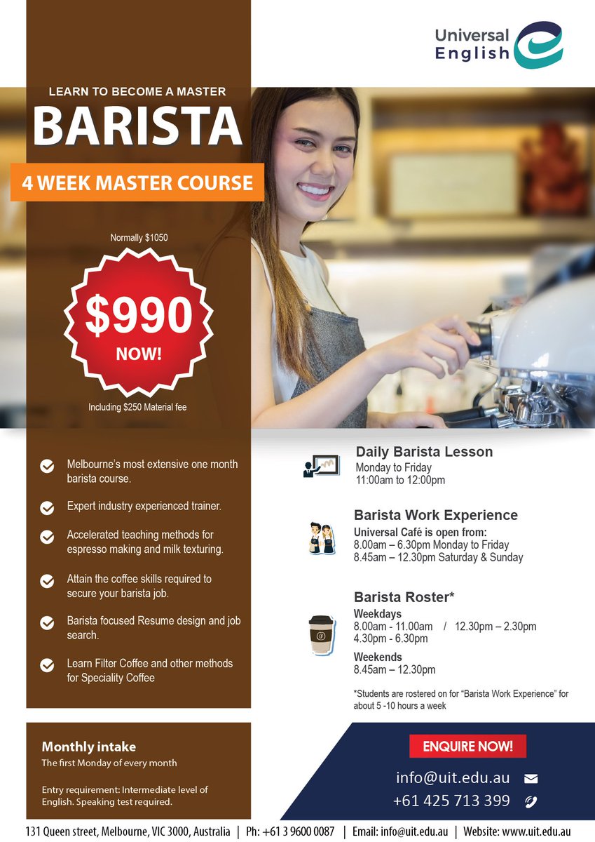 study_ue's tweet image. Become a Master Barista in the New Year
Next Intake : 14 Jan 2019
📞 +61 425 713 399

#Barista #coffeetime #coffeelove #NewYear2019