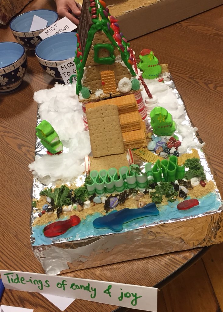 In case you’re wondering what coastal scientists/professionals do at their holiday party, it very much consists of building structurally semi accurate edible gingerbread houses complete with #livingshorelines, fisheries, and off-the-grid, accessible dwelling spaces