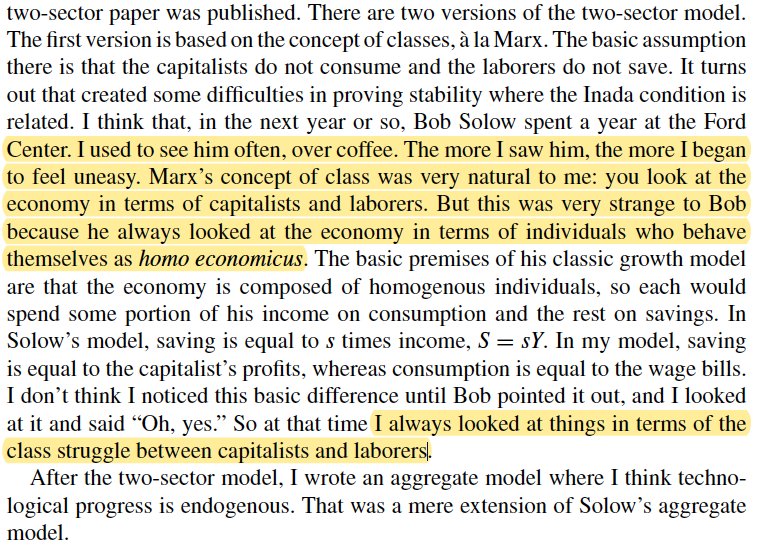 6/ Uzawa joined the Stanford growth seminar in 1956 and came up w/ a way put Das Kapital in equations: the 2 sectors growth model (w/ cool strictly concave production production frontier). But Solow didn’t seem to get that Uzawa was trying to bring classes in his growth model.