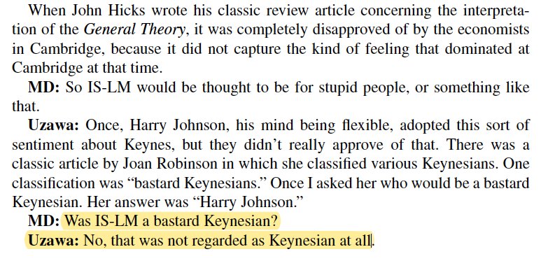 11/ Uzawa thought how about paying a visit to, you know, *real* Keynesians. So he flew to Cambridge, where he met Robinson, who was a kind of “Milton Friedman of the left” (except that “Friedman is logical” and Robinson “philosophical”)