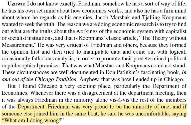 11/ He wrote the first human capital accumulation growth model (H is for Human capital, but also Hiro). Hardly gets a mention in interview. Bc at Chicago, there was Friedman. And there is so much to say abt Friedman Also, the Vietnam war has turned the US into a “chaotic mess,”