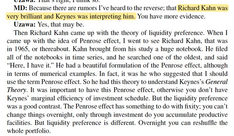 12/in fact, he spent most of his time hanging w/ Richard Kahn, (who was much clearer than Keynes), discussing how to model the fact that capital is an institutional entity that adjusts constantly in the production process (if I understood correctly). That was consistent w/ Veblen