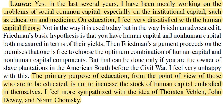 13/ By that time, Uzawa had spent 20 years reflecting abt how all sorts of production factors accumulate, from human capital to public goods. He moved back to Japan, and focused on “social common capital”